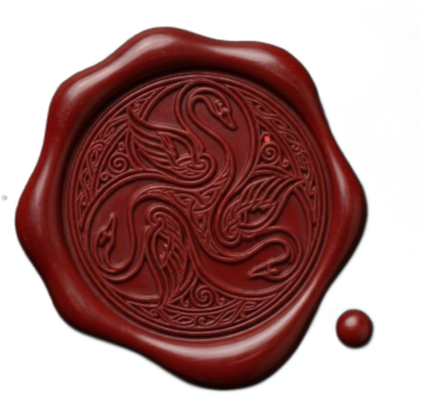 Flow is Free wax seal: three swans in a triskelion pressed in red wax